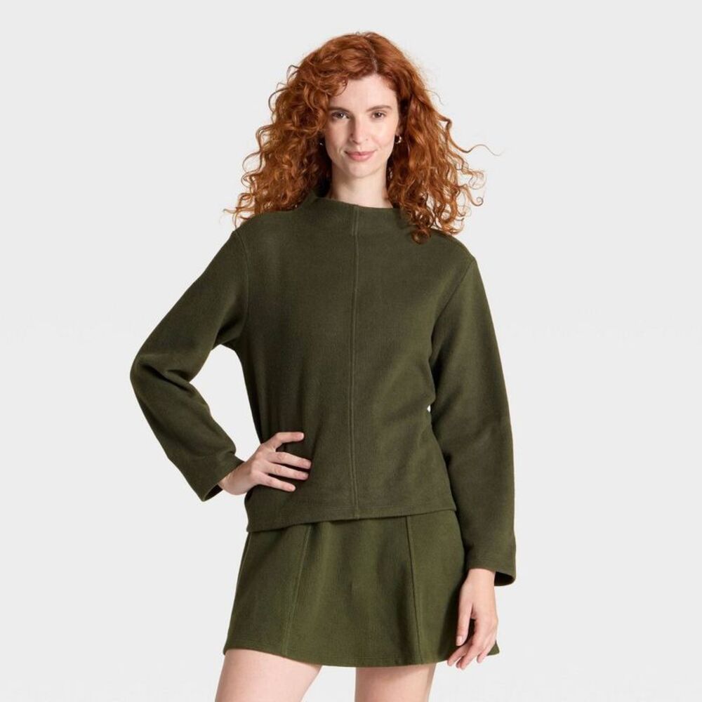 Women's Long Sleeve Brushed Mockneck Top - A New Day Olive XS